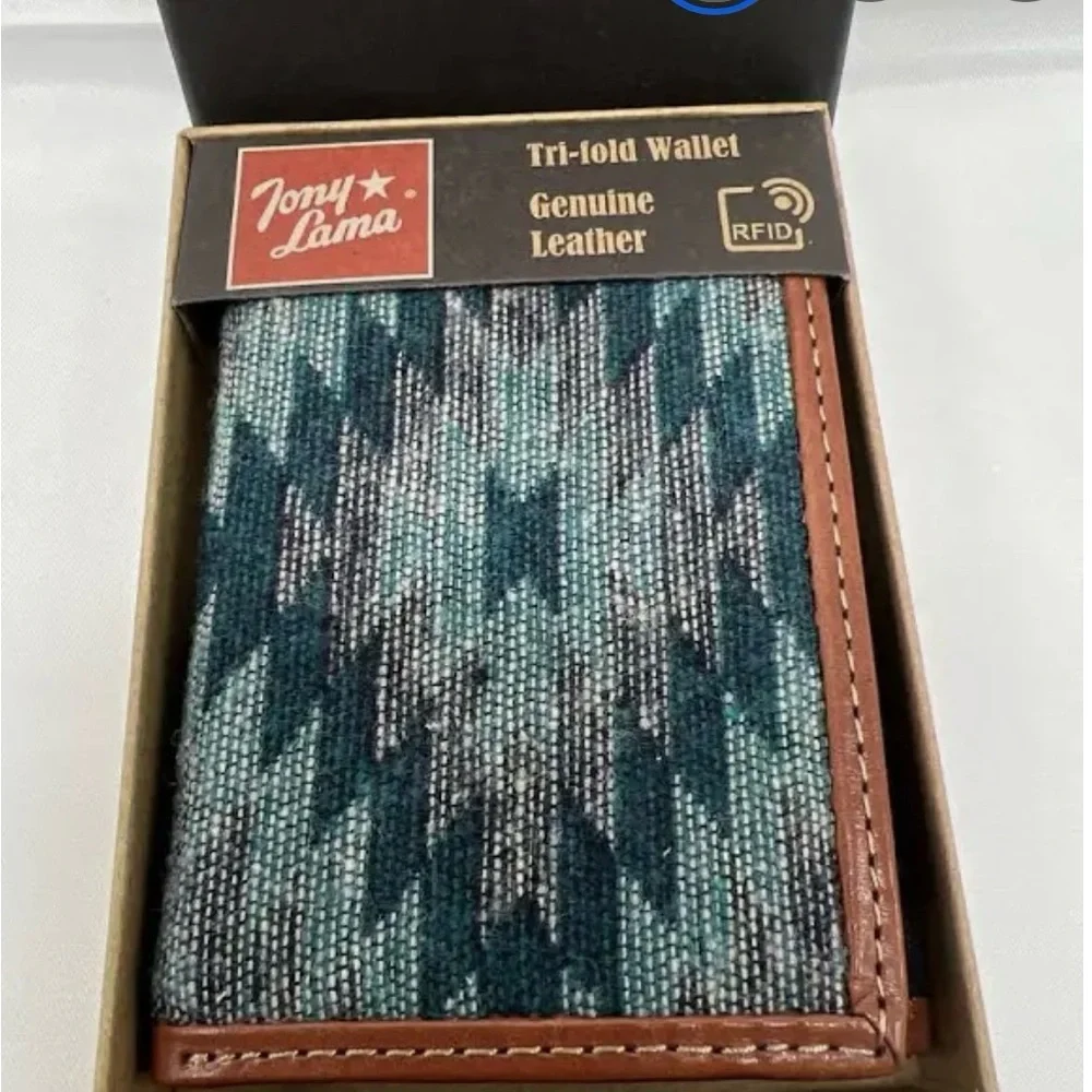 Tony Lama Wallet Blue Aztec RFID. Leather Canvas Cowboy Western. Trifold NWT